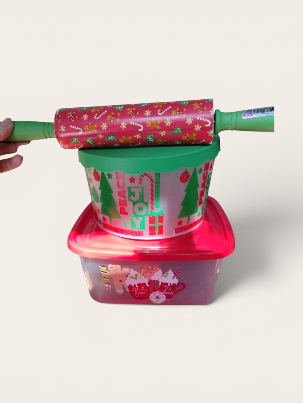 Holiday Rolling Pin with Green Handles and Red Pattern